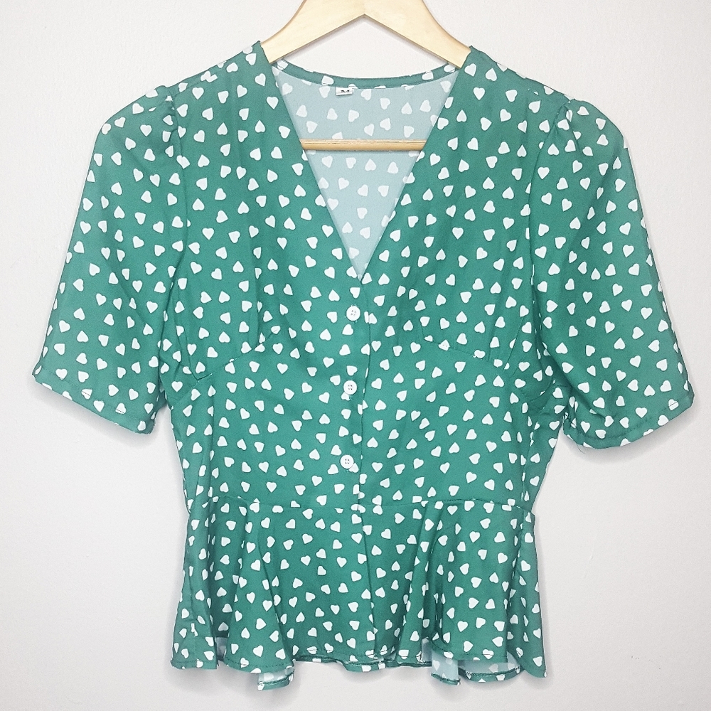 White Hearts Button-Up Crop Blouse